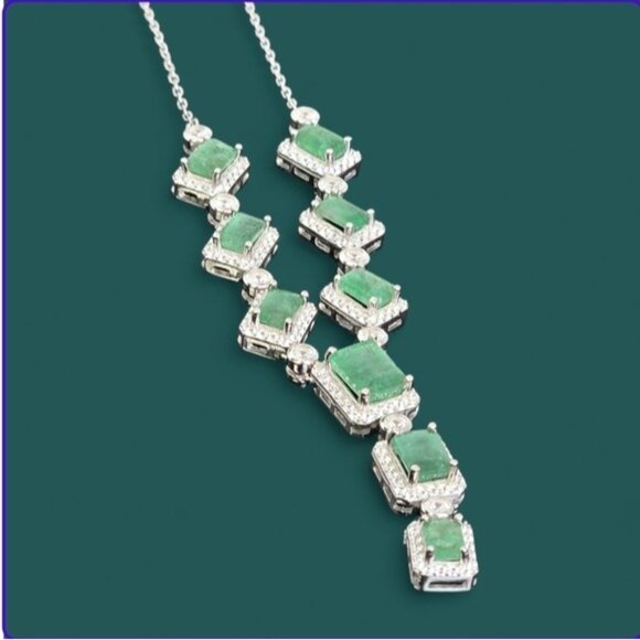 925 Sterling Silver Necklace 18" with Natural Emerald Gem & Cz - Picture 8 of 9